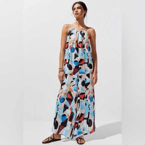 Anthropologie Breezy Wide Leg Jumpsuit Sleeveless Pockets Blue Motif - Picture 3 of 6